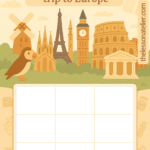 Bingo sheet with cute images of landmarks from all around Europe, featuring a 3 x 3 grid to play bingogame as a printable.