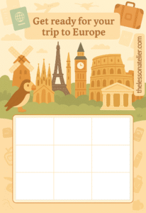 Bingo sheet with cute images of landmarks from all around Europe, featuring a 3 x 3 grid to play bingogame as a printable.